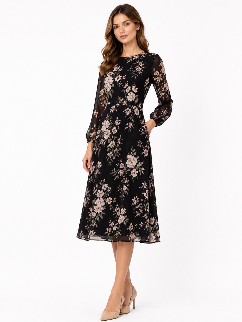 NWT Mint Velvet Floral Long Sleeve Dress - Black and Pink